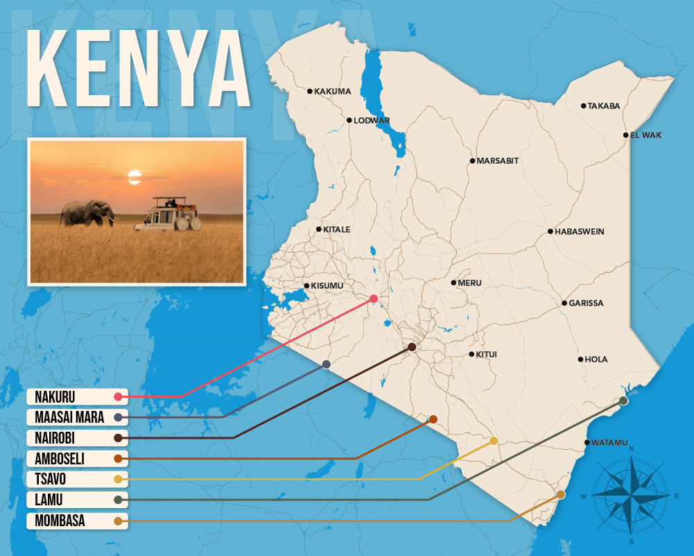 Map of where to stay in Kenya in vector format showing the best areas to stay