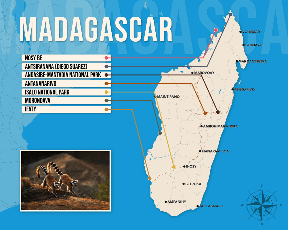 Map of where to stay in Madagascar in vector format showing the best areas to stay