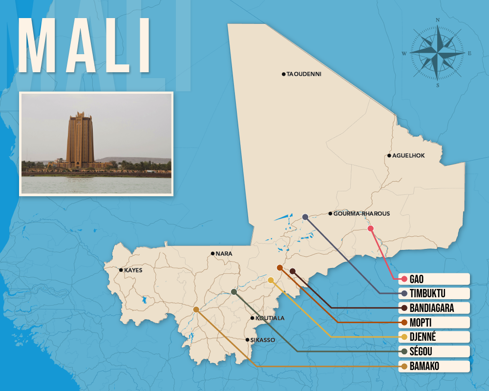 Map of where to stay in Mali in vector format showing the best areas to stay