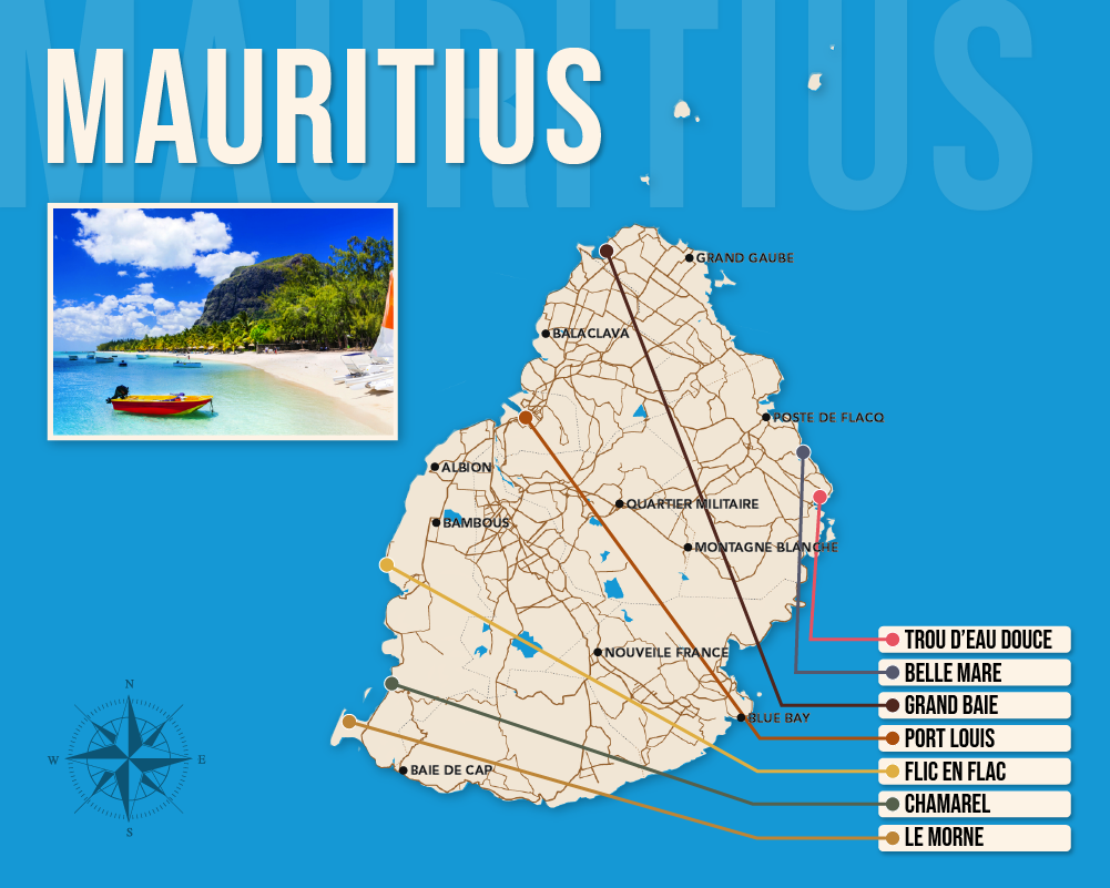 Map of where to stay in Mauritius in vector format showing the best areas to stay