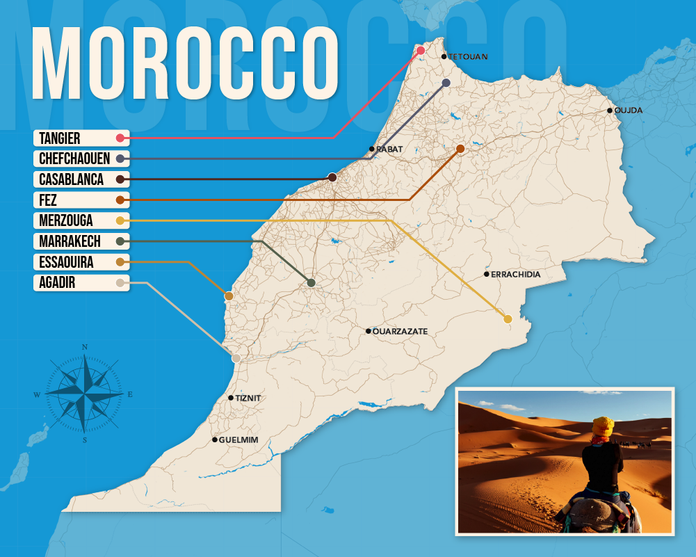 Map of where to stay in Morocco in vector format showing the best areas to stay
