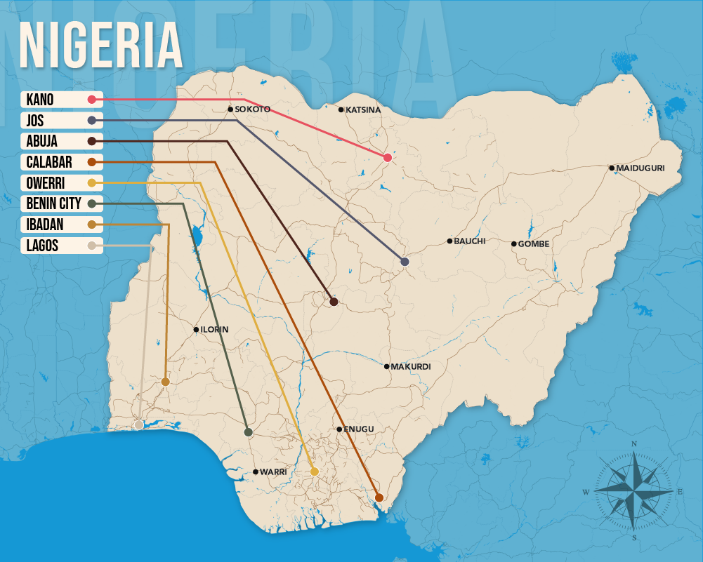 Map of where to stay in Nigeria in vector format showing the best areas to stay