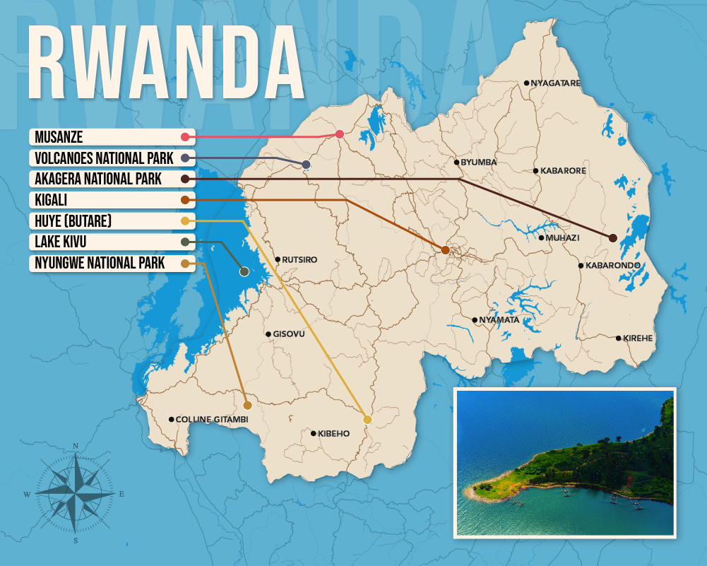 Map of where to stay in Rwanda in vector format showing the best areas to stay