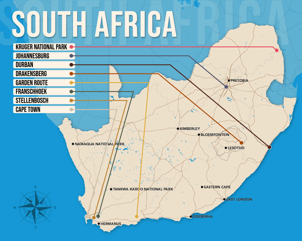 Map of where to stay in South Africa in vector format showing the best areas to stay