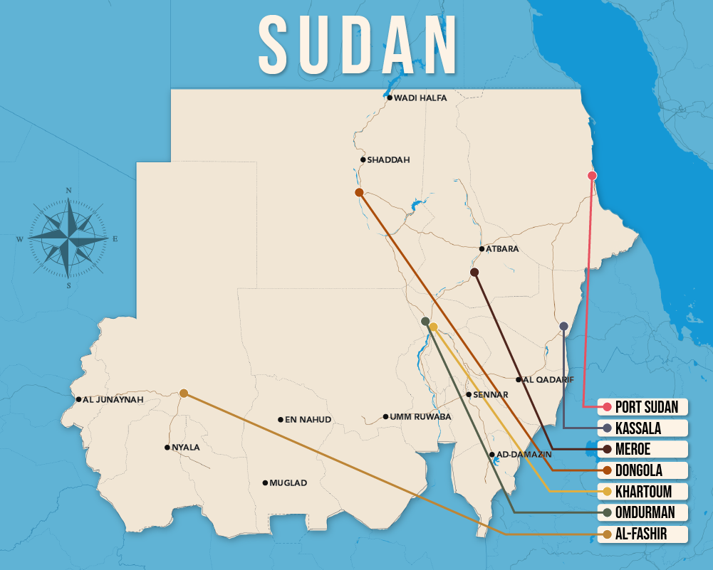 Map of where to stay in Sudan in vector format showing the best areas to stay