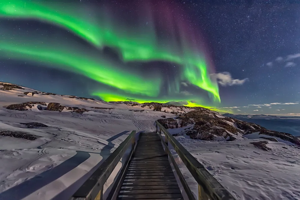 Northern lights high above the snowy landscape divided by a wooden walkway, pictured during the best time to visit Greenland