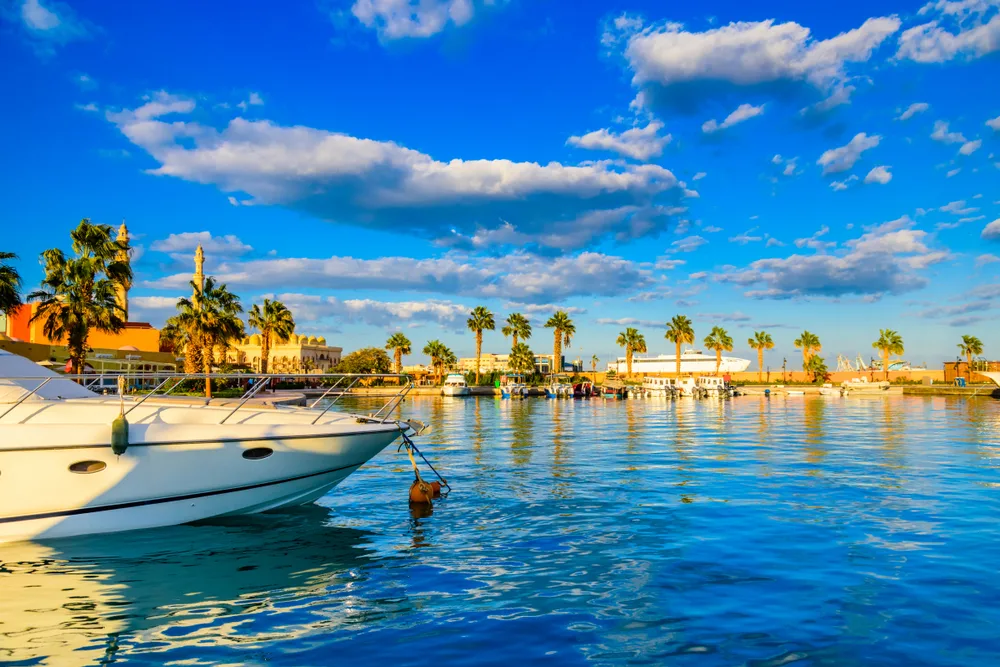 Luxury yacht under deep blue sky in Hurghada in Egypt