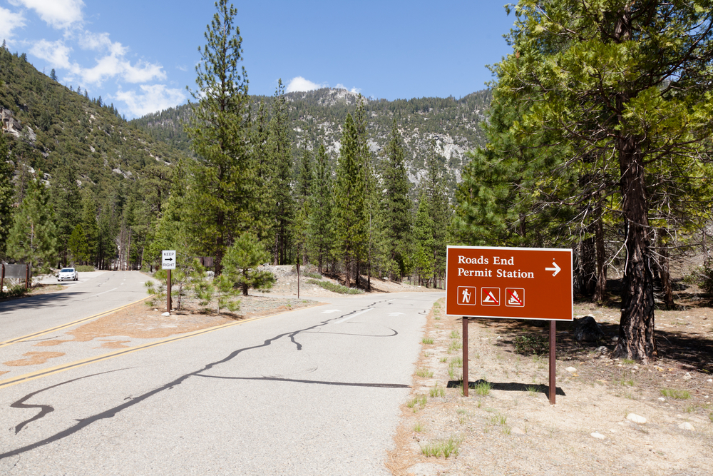 Sign that says Roads End and Permit Station pictured during the least busy time to visit King's Canyon National Park