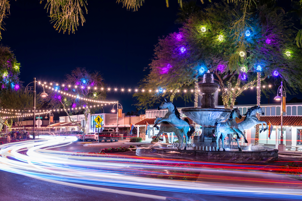 Long exposure image of the Old Town fountains pictured during the best time to visit Scottsdale, the spring and fall