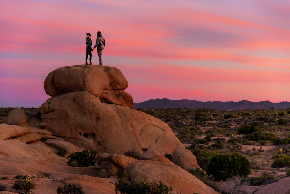 Couple standing on a large rock in Joshua Tree National Park during the sunset in the middle of the best time to visit