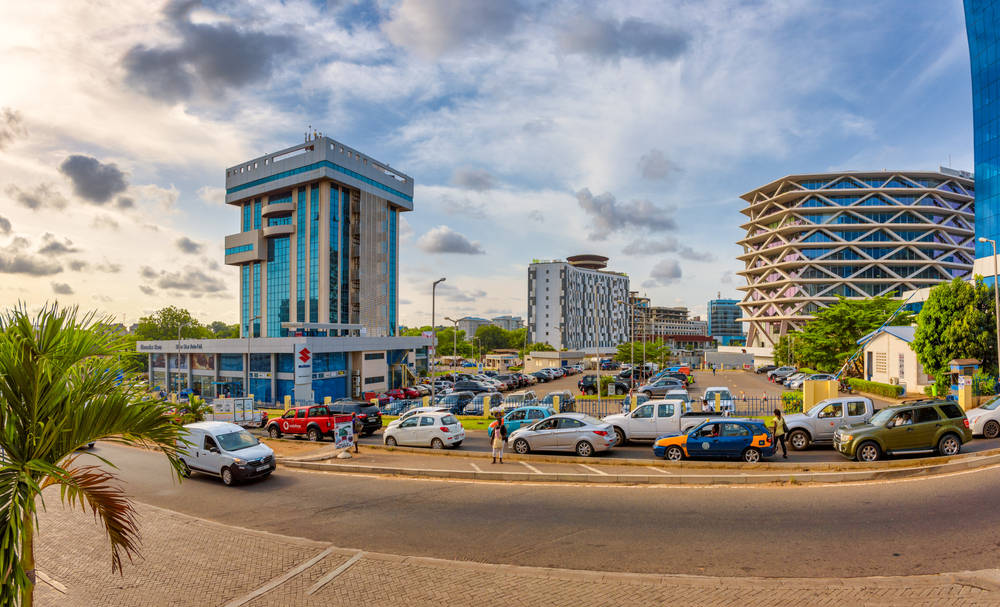 Photo of cars parked outside Liberation Link in Accra in April, one of the best times to visit Ghana