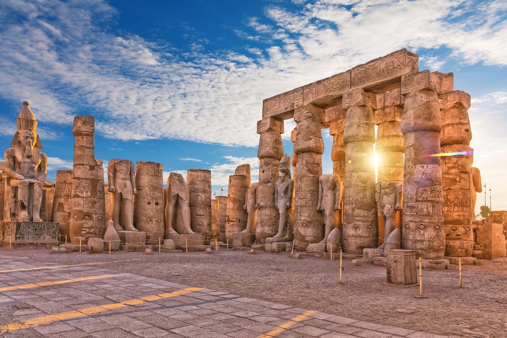 Pictured during the overall best time to visit Egypt, the ancient Luxor temple is pictured under blue sky