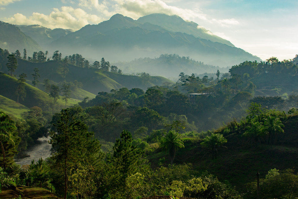 Sunrise over the Guatemalan jungle with lush green trees all around the valley and haze on the horizon
