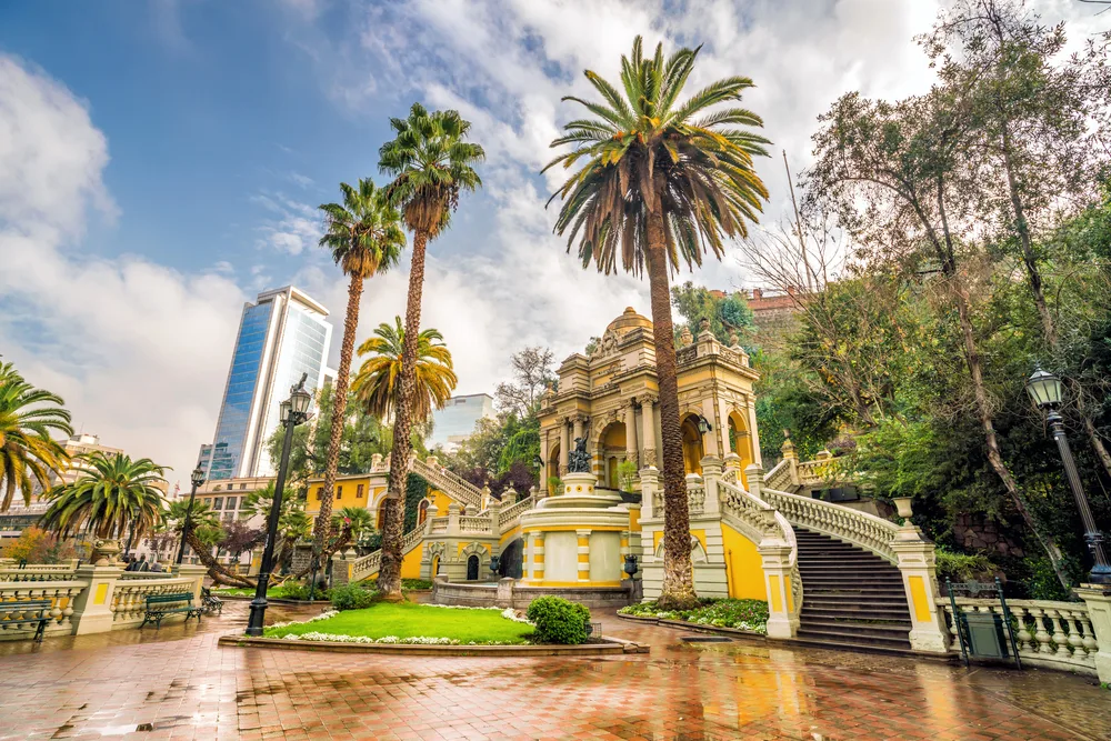 Vintage Cerro Santa Lucia in the downtown area of town pictured during the overall best time to visit Santiago, Chile, in the spring