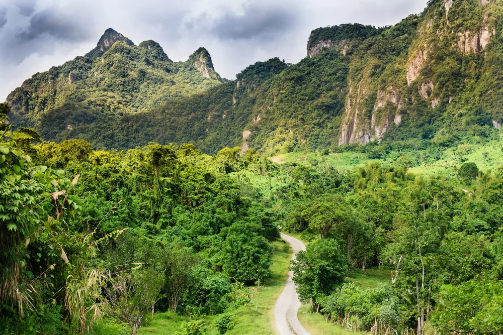 Forest on Fiji pictured with clouds over a lush green landscape with a valley and a road running through it