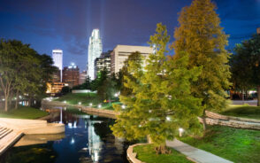 Photo of the downtown area at the riverwalk in Omaha, NE for a guide on why to live in and visit Omaha
