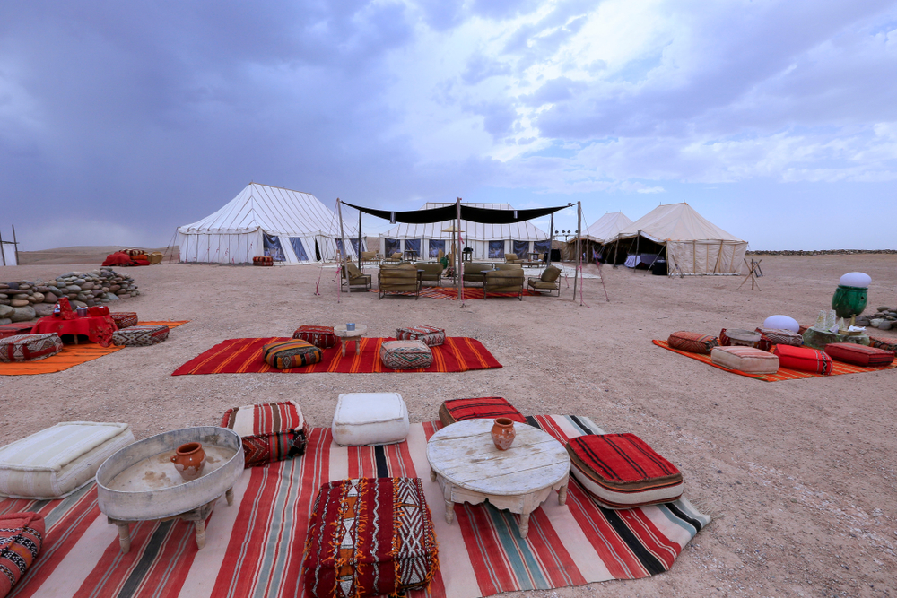 Camp set up in the Agafay Desert in Morocco pictured during the best time to visit Marrakech
