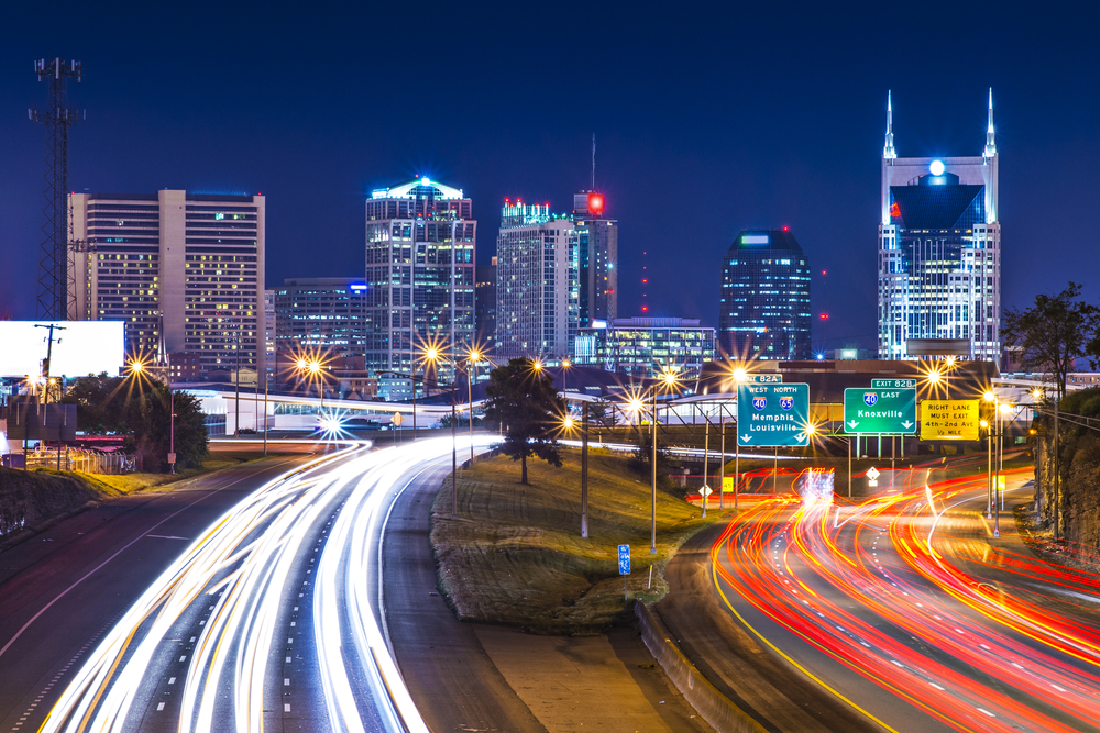Downtown Nashville pictured in a long exposure image with car lights driving by