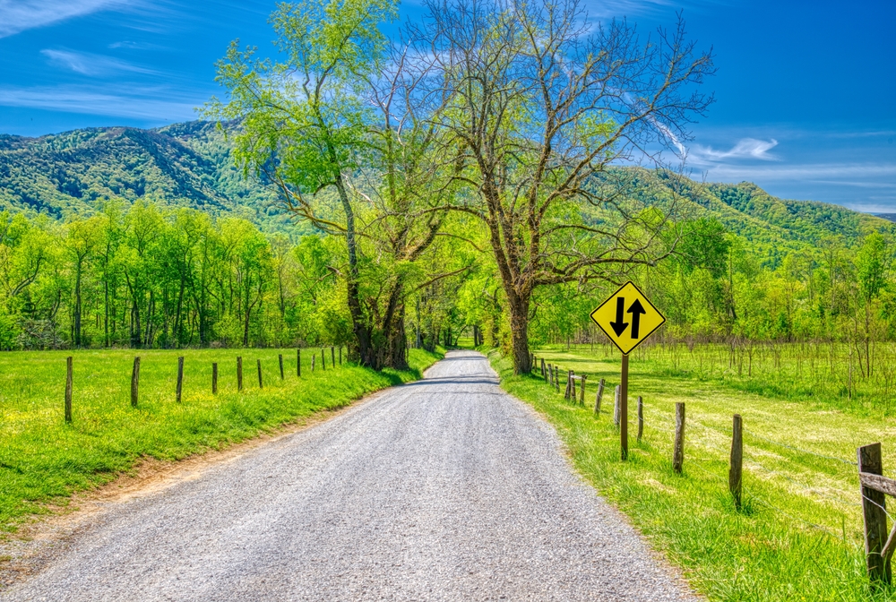 Neat view of a gravel road leading down in a postcard-worthy scene toward the hills in Cades Cove, seen during the best time to visit the Smoky Mountains
