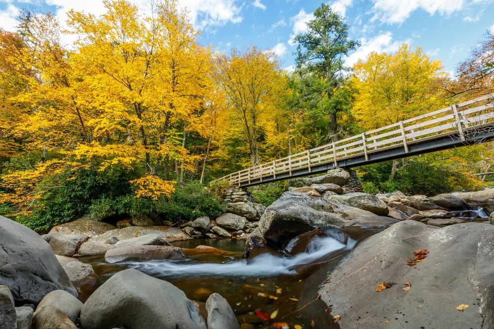 Chimney Tops Trailhead pictured under blue sky with a bridge going above a river pictured during the least busy time to visit the Smoky Mountains, the fall