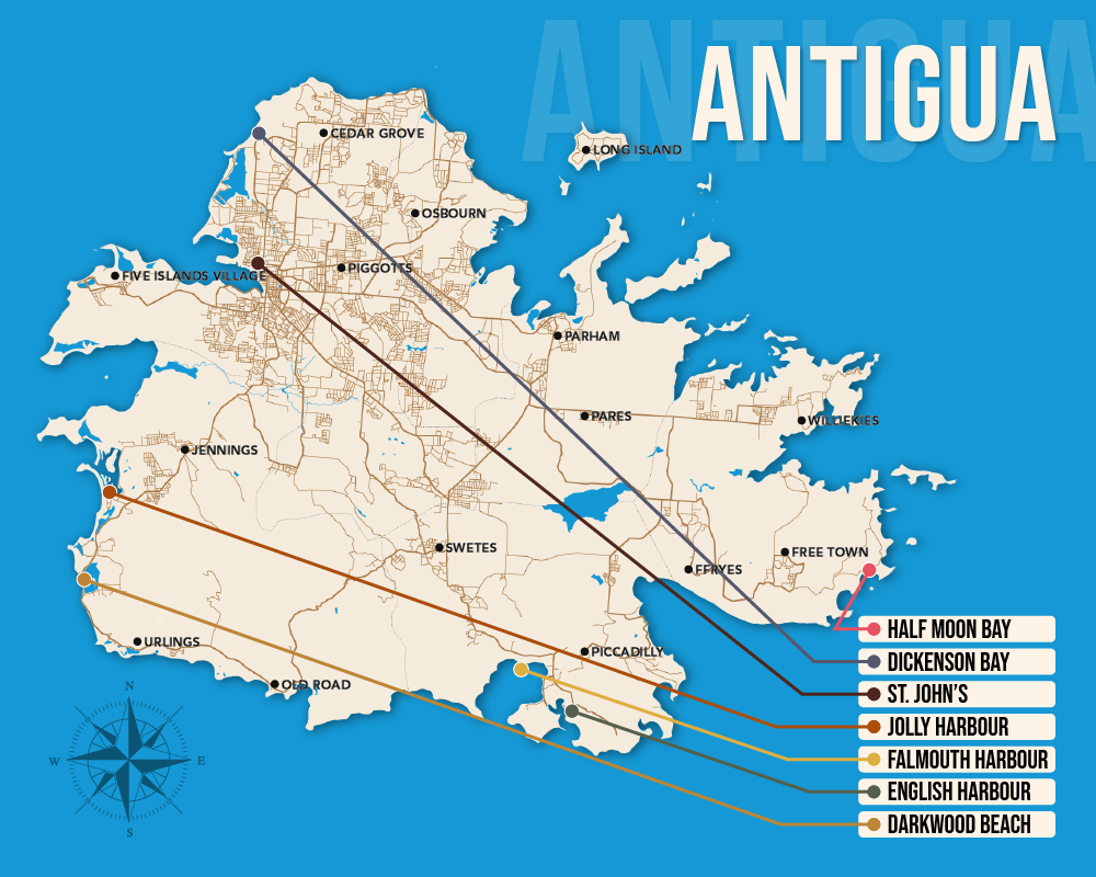 Vector map showing where to stay in Antigua featuring the best areas in graphical format