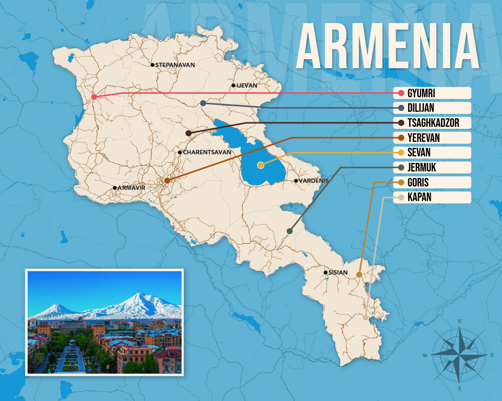 Vector map showing where to stay in Armenia featuring the best areas in graphical format