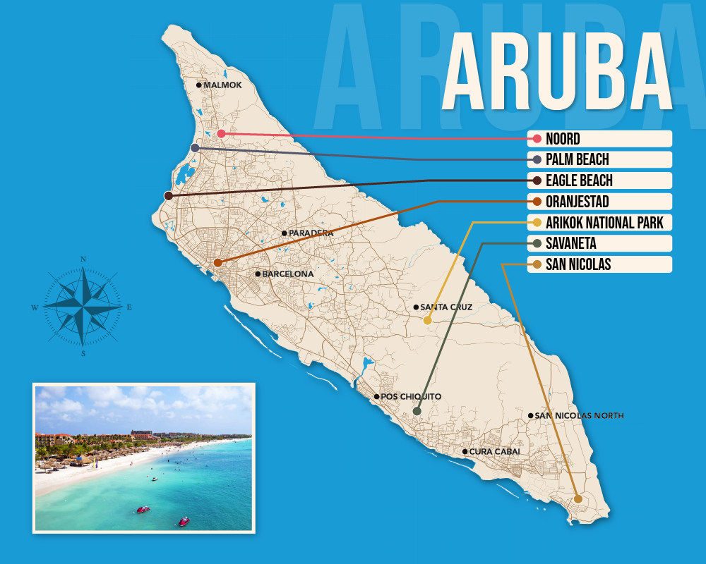 Vector map showing where to stay in Aruba featuring the best areas in graphical format
