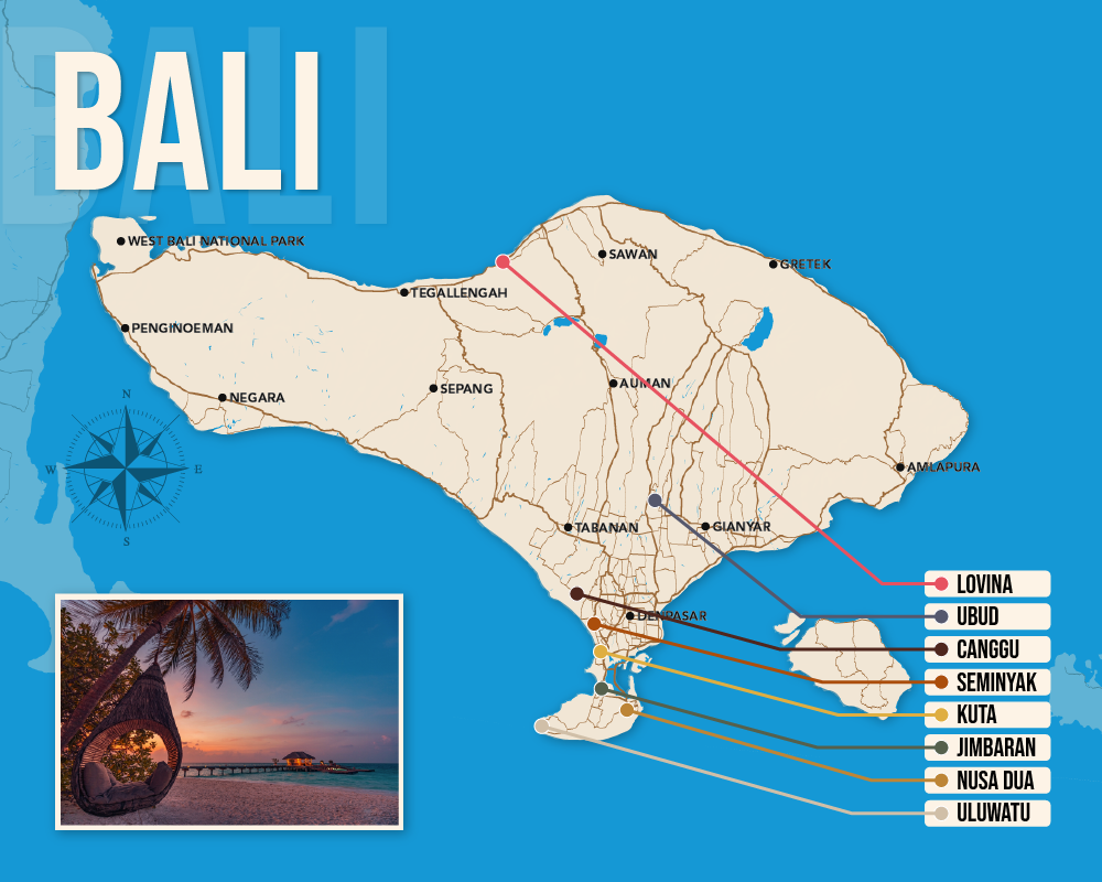 Vector map showing where to stay in Bali featuring the best areas in graphical format