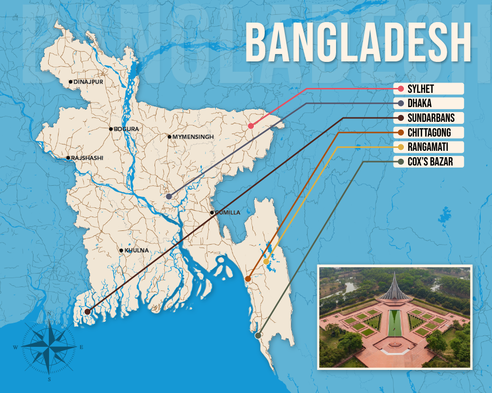Vector map showing where to stay in Bangladesh featuring the best areas in graphical format