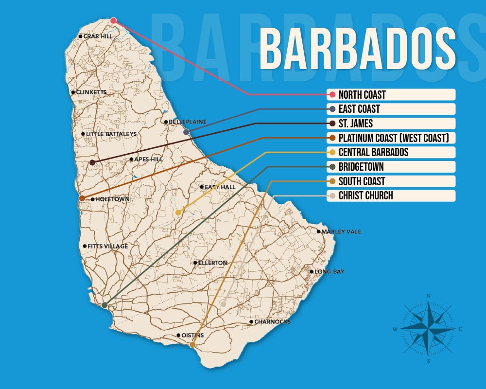 Vector map showing where to stay in Barbados featuring the best areas in graphical format