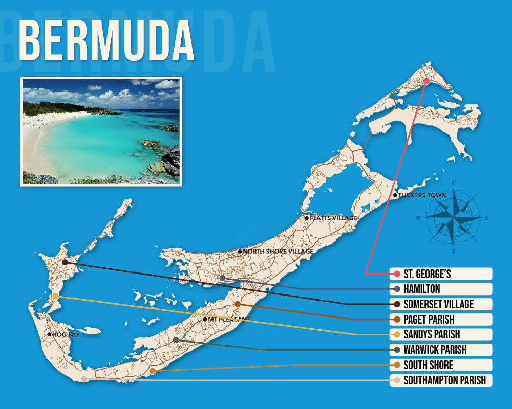 Vector map showing where to stay in Bermuda featuring the best areas in graphical format