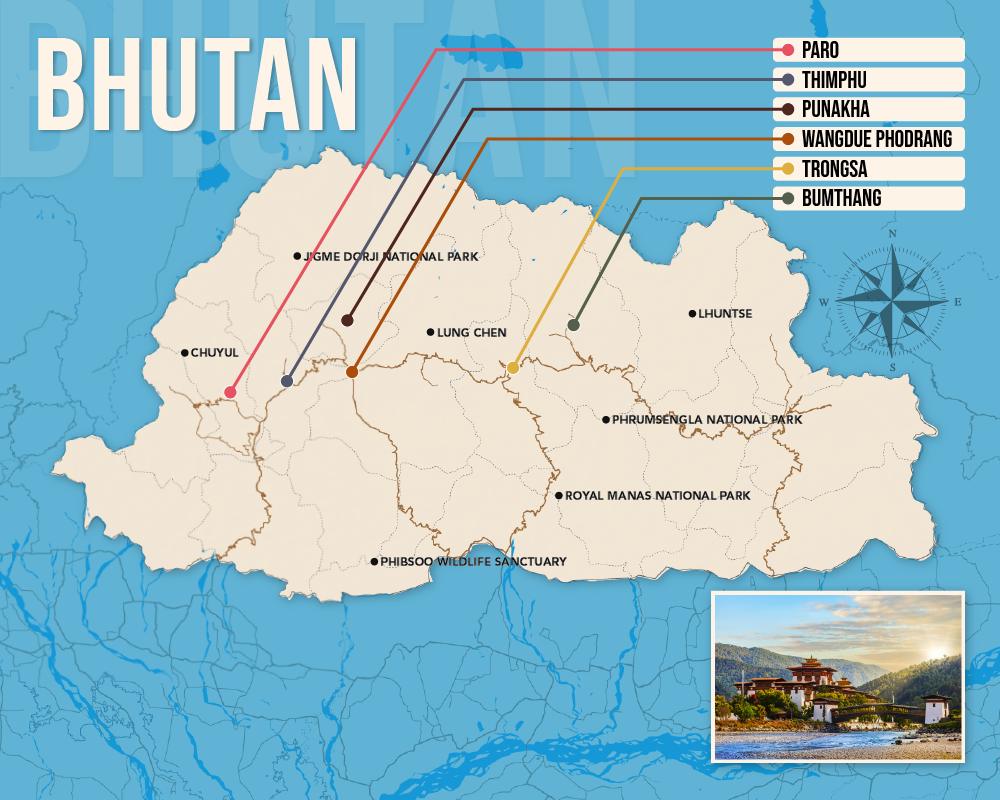 Vector map showing where to stay in Bhutan featuring the best areas in graphical format