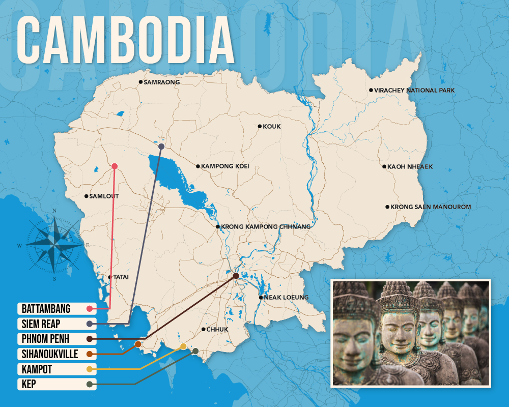 Vector map showing where to stay in Cambodia featuring the best areas in graphical format