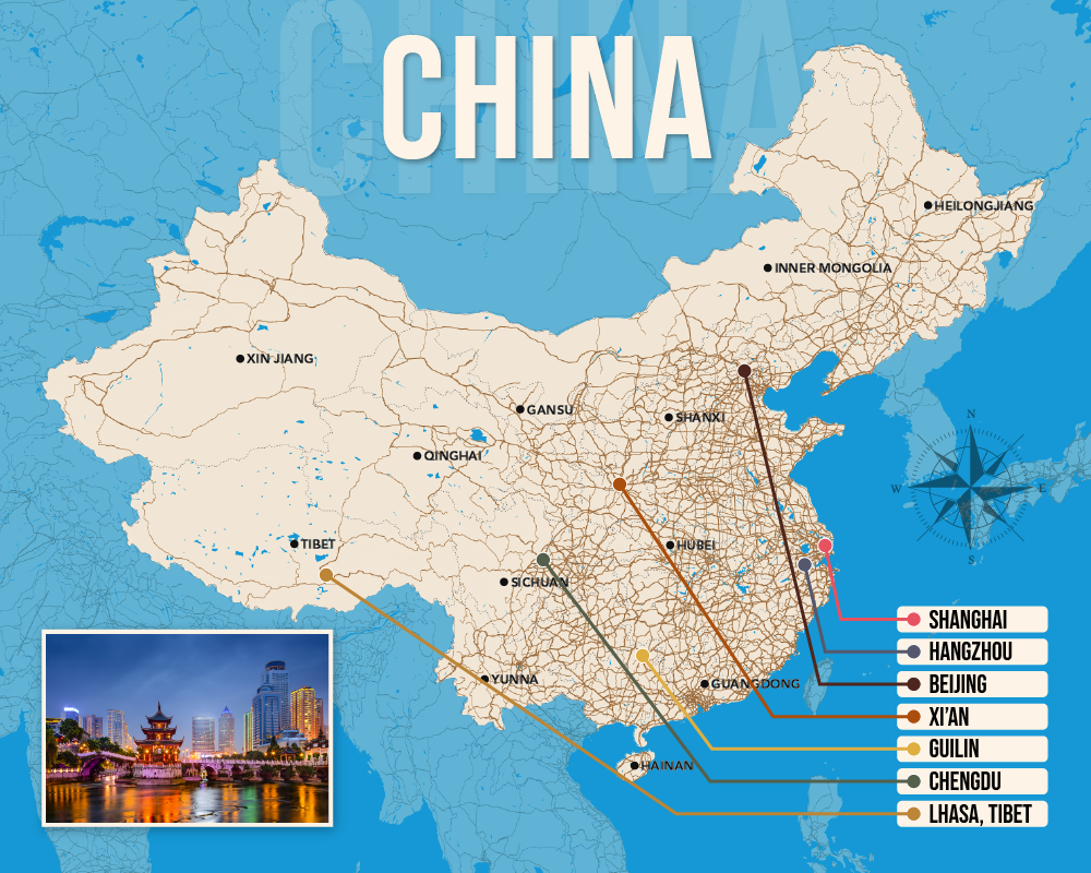 Vector map showing where to stay in China featuring the best areas in graphical format