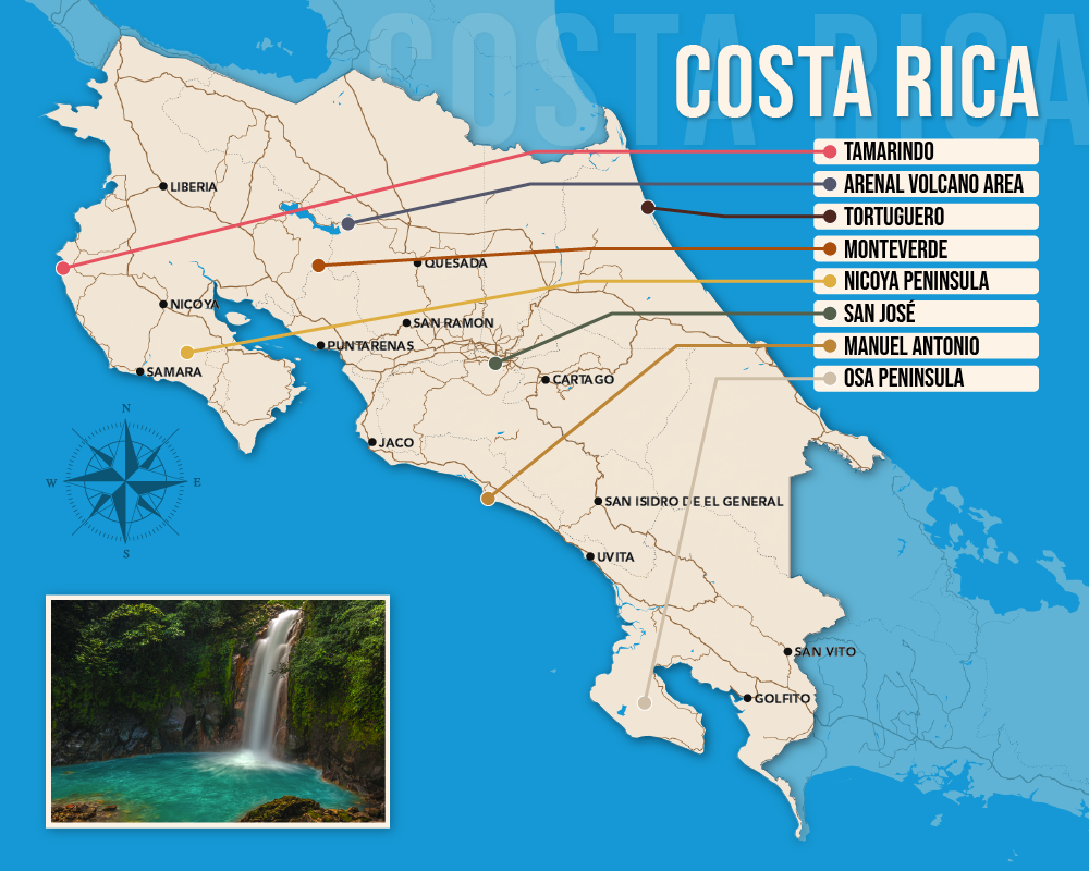Vector map showing where to stay in Costa Rica featuring the best areas in graphical format