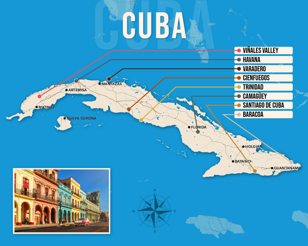 Vector map showing where to stay in Cuba featuring the best areas in graphical format