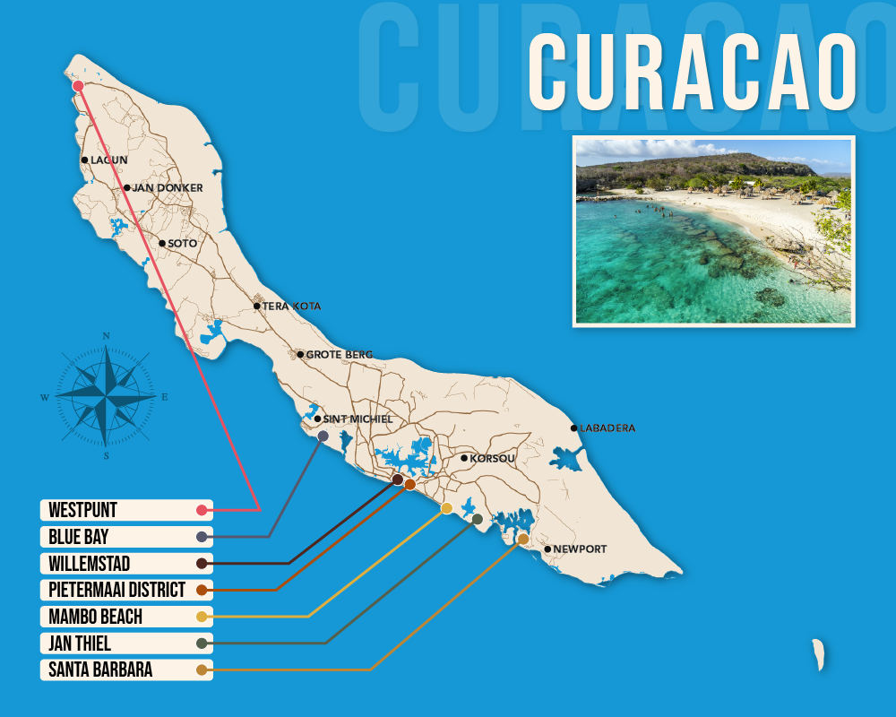 Vector map showing where to stay in Curacao featuring the best areas in graphical format