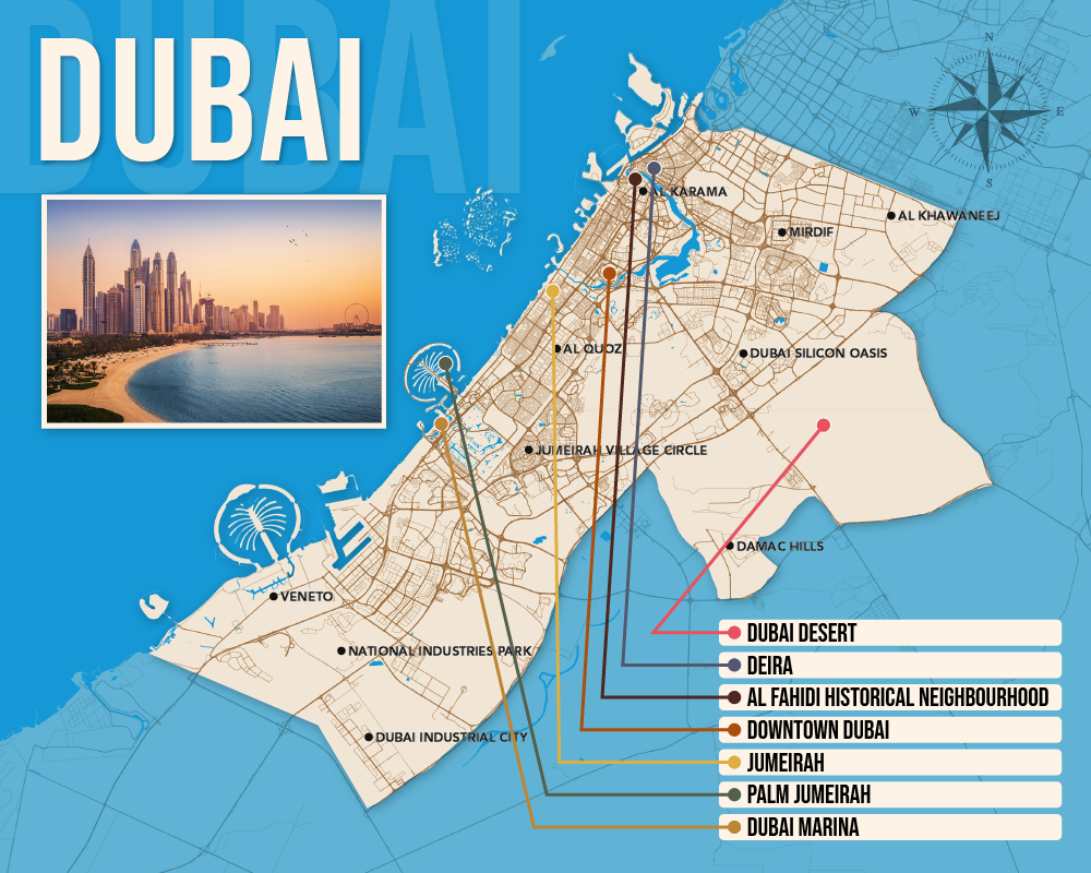 Vector map showing where to stay in Dubai featuring the best areas in graphical format