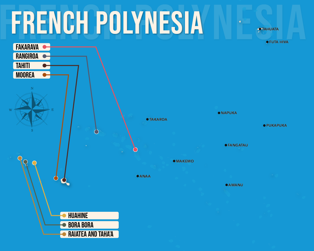 Vector map showing where to stay in French Polynesia featuring the best areas in graphical format