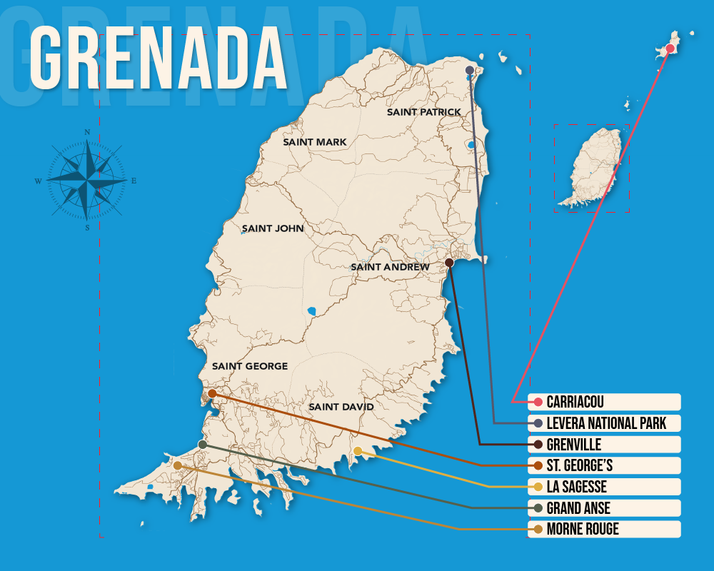Vector map showing where to stay in Grenada featuring the best areas in graphical format