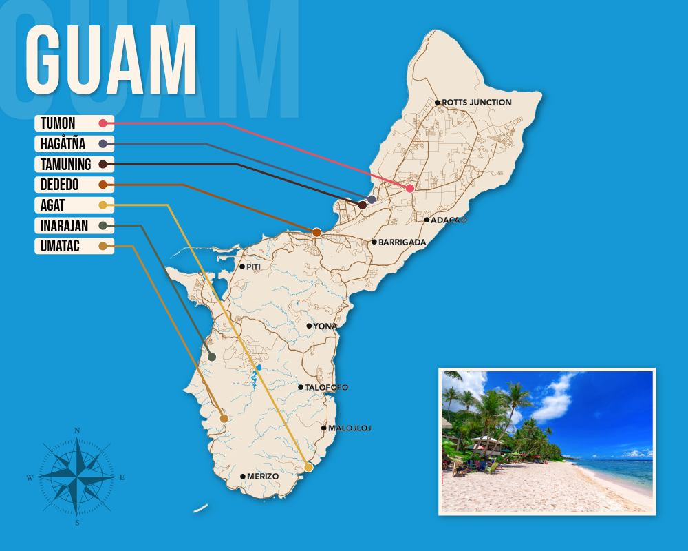 Vector map showing where to stay in Guam featuring the best areas in graphical format