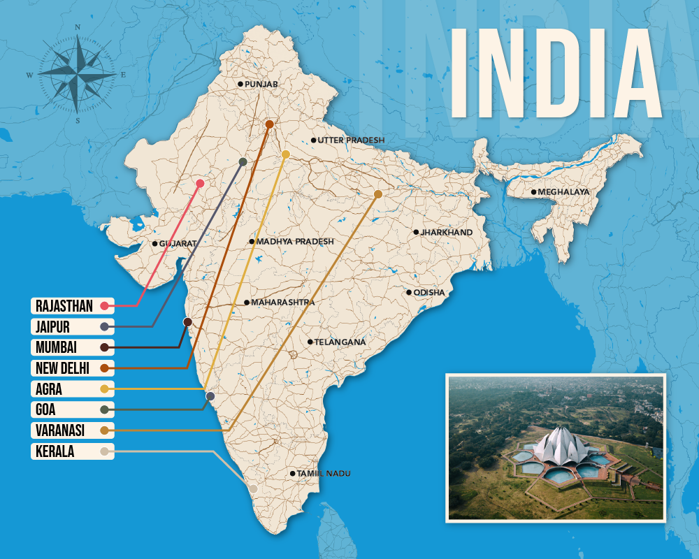 Vector map showing where to stay in India featuring the best areas in graphical format