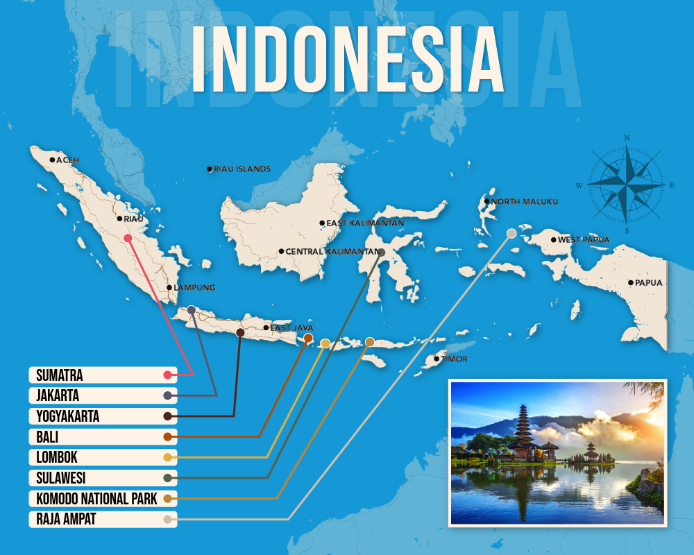 Vector map showing where to stay in Indonesia featuring the best areas in graphical format