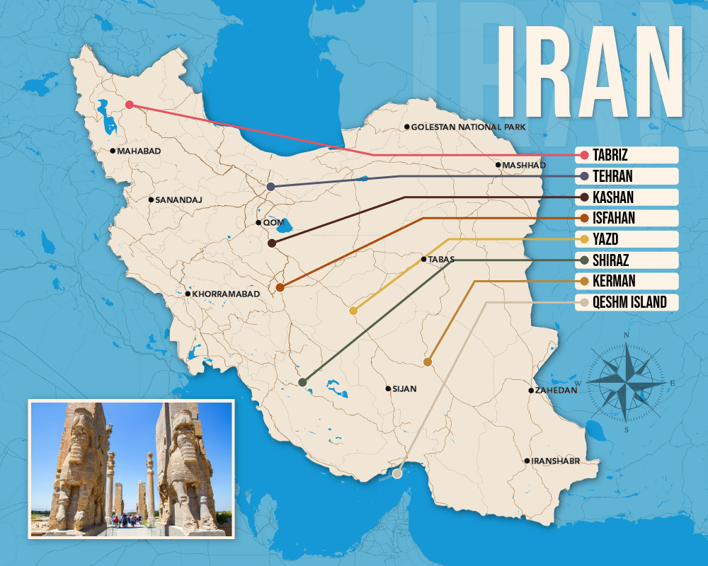 Vector map showing where to stay in Iran featuring the best areas in graphical format