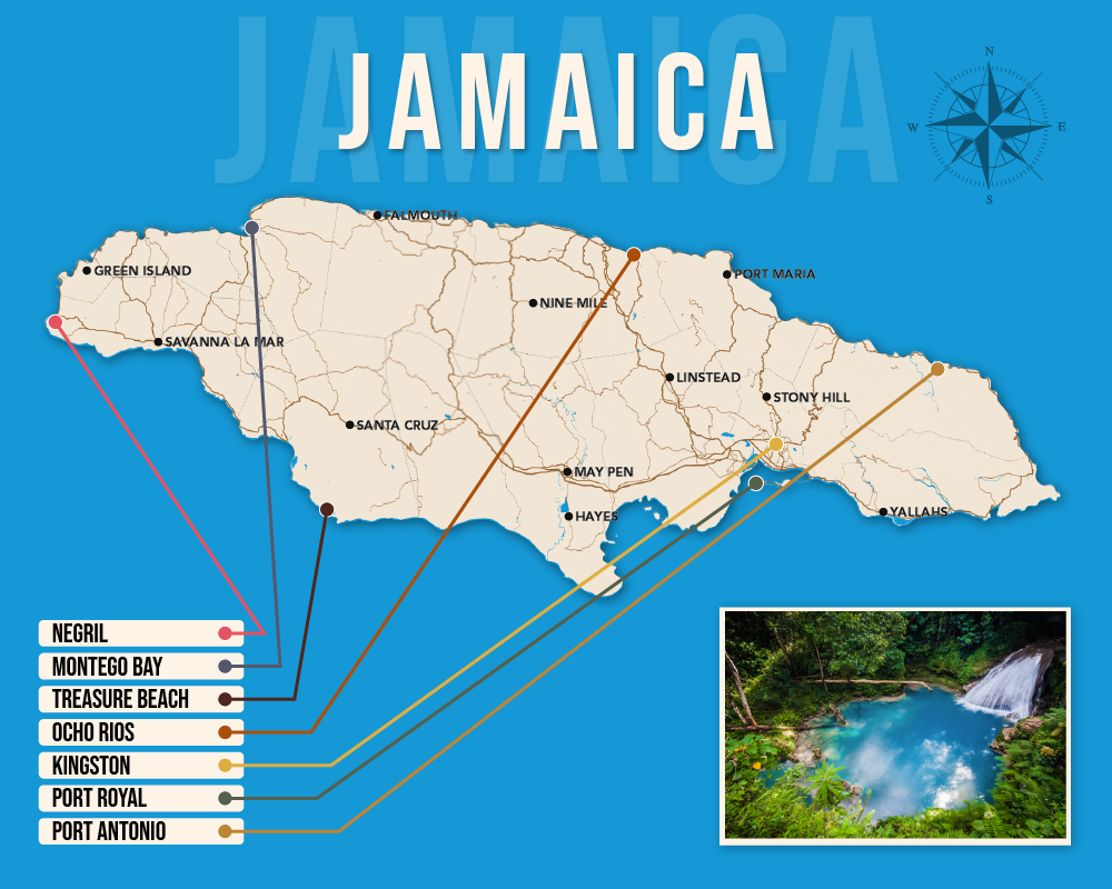 Vector map showing where to stay in Jamaica featuring the best areas in graphical format
