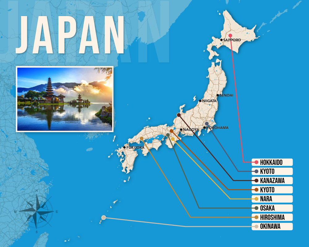 Vector map showing where to stay in Japan featuring the best areas in graphical format