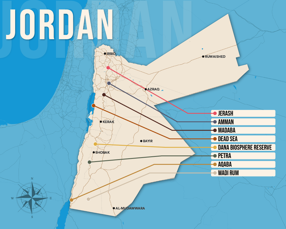 Vector map showing where to stay in Jordan featuring the best areas in graphical format