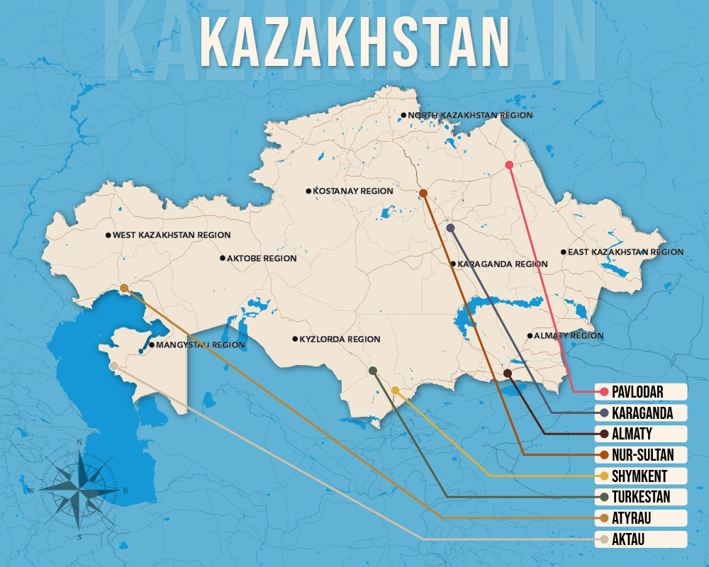 Vector map showing where to stay in Kazakhstan featuring the best areas in graphical format