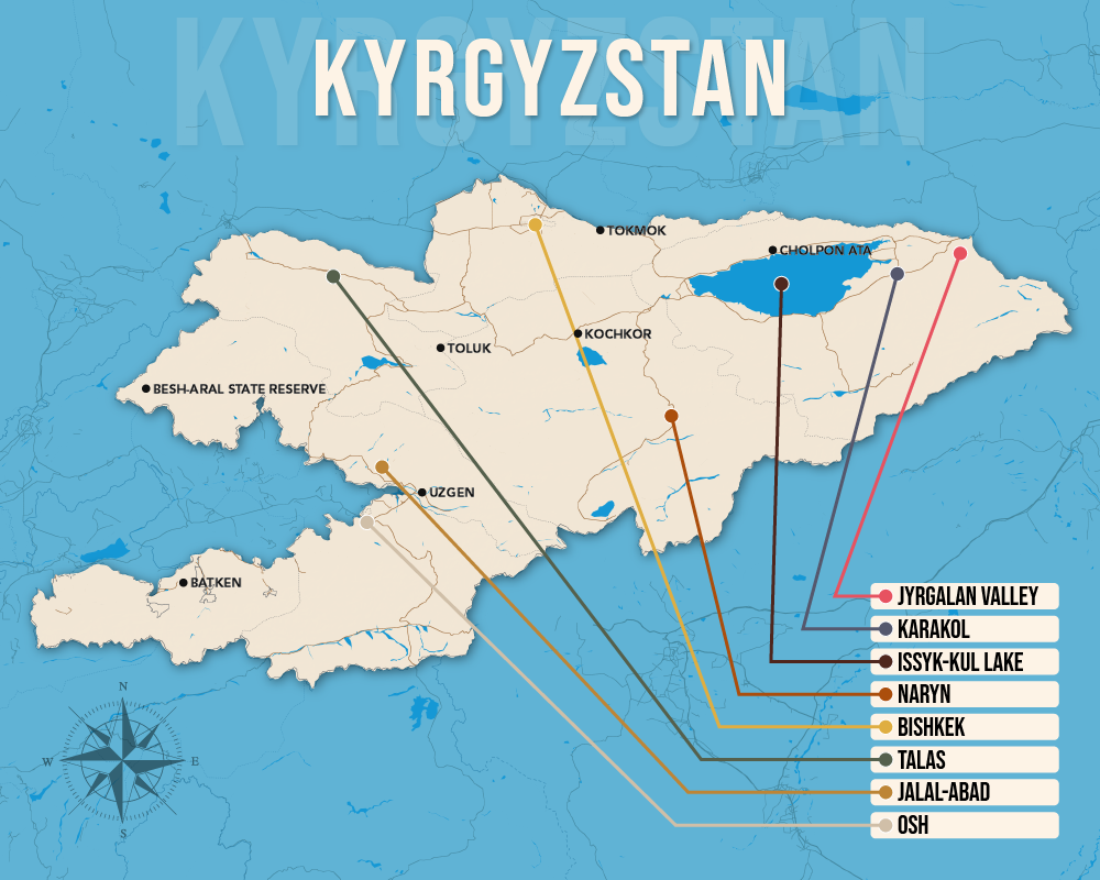 Vector map showing where to stay in Kyrgyzstan featuring the best areas in graphical format