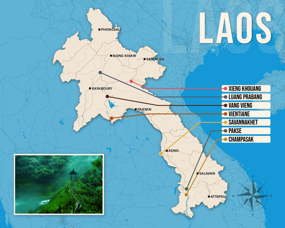 Vector map showing where to stay in Laos featuring the best areas in graphical format